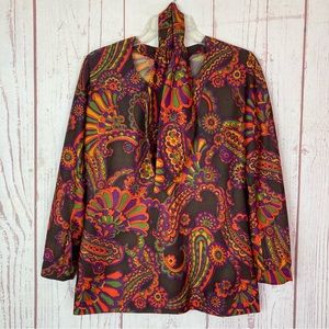Vintage Handmade 80’s Womens Small Medium S M Long Sleeve Top Paisley Print